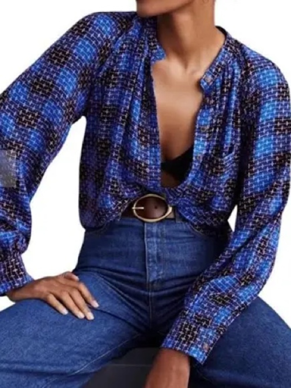 Anthropologie Pilcro Button Up Womens XS Blue Embroidered Plaid Crew Neck Blouse